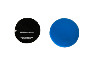 Two round discs side by side; the left disc is black with white text, “Refurbished Bissell MultiClean Allergen Lift-Off Pet by Imagine Sewing & Vacuum,” and the right disc is solid blue.