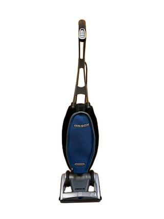Refurbished Oreck Magnesium upright vacuum by Imagine Sewing & Vacuum, featuring a new brushroll and blue and black body, shown against a white background.