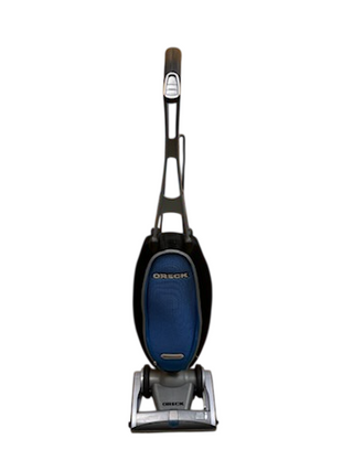 A refurbished Oreck Magnesium vacuum cleaner by Imagine Sewing & Vacuum, in blue and black, stands upright on a white background.