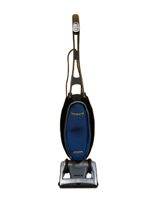 The Oreck Magnesium upright vacuum cleaner by Imagine Sewing & Vacuum, featuring a blue and black body, is refurbished for reliable performance and a sleek look against a white background.