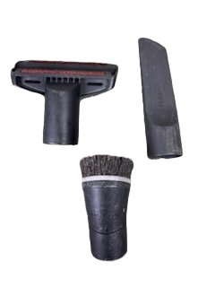 Three black Miele Neptune vacuum attachments—upholstery tool, crevice tool, and round dusting brush—by Imagine Sewing & Vacuum are displayed on a white background, perfect for pairing with your refurbished vacuum.