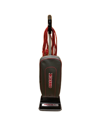A refurbished Oreck Commercial U2000RB2L-1 upright vacuum by Imagine Sewing & Vacuum, featuring a gray body, red accents, and an extra-long red cord, is shown against a white background.
