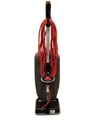 The Oreck Commercial U2000RB2L-1, refurbished by Imagine Sewing & Vacuum, is an upright vacuum with an extra-long red power cord wrapped around the handle, shown against a white background.