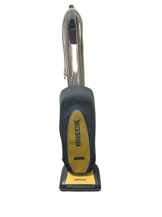 The refurbished Oreck XL Element vacuum cleaner by Imagine Sewing & Vacuum stands upright on a white background in gray and yellow—perfect for hard floors.