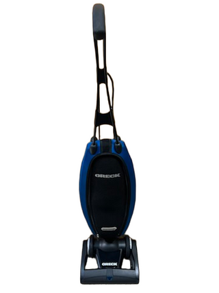 The Oreck Magnesium LW100 vacuum by Imagine Sewing & Vacuum, in blue and black, stands upright with a never ending belt on a white background.