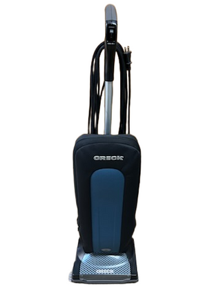 Front view of a refurbished Oreck XL Platinum vacuum by Imagine Sewing & Vacuum, showcasing its black and blue upright design against a white background.
