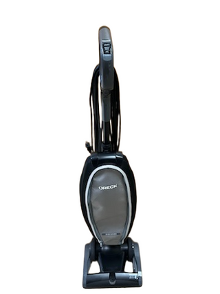 The Imagine Sewing & Vacuum Oreck Discover upright vacuum, shown in gray and black from the front against a white background, is refurbished for powerful cleaning performance with a sleek design.