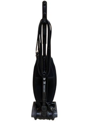 The Oreck Discover upright vacuum by Imagine Sewing & Vacuum is shown from the front with its cord wrapped around the handle on a white background, highlighting its lightweight, refurbished design.