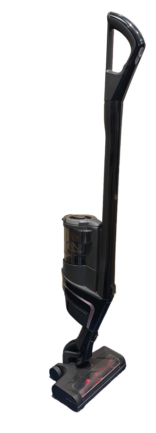 The stylish black Sew & Vac Triflex HX1 Cat and Dog cordless vacuum boasts a clear dustbin and HEPA filter, making it perfect for pet owners. Its design offers a striking contrast with white backgrounds, combining style and functionality in one versatile tool.