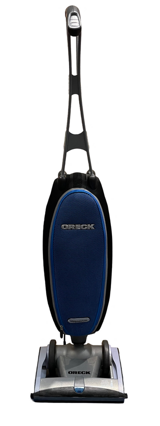 The certified refurbished Oreck Magnesium by Sew & Vac, in blue and black, is an upright vacuum cleaner with a handle and two wheels on the base, ideal for efficiently cleaning hard floors.