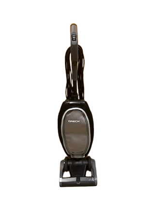 Front view of the Oreck Discover, a black and gray upright vacuum cleaner from Imagine Sewing & Vacuum, featuring its sleek and lightweight design, isolated on a white background.