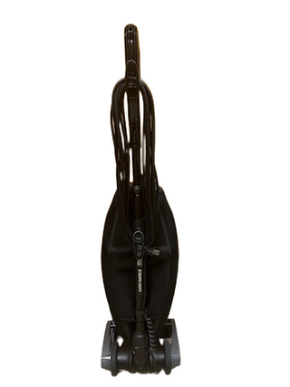 Oreck Discover upright vacuum cleaner by Imagine Sewing & Vacuum, featuring a black handle, coiled cord, and wheels, shown from the front against a white background. This lightweight model offers convenient cleaning and easy maneuverability.