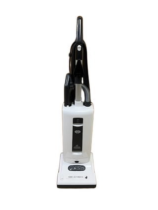 Refurbished Sebo X4 upright vacuum cleaner with a white body, black handle, and cord storage hook.