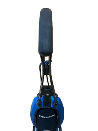 Refurbished Oreck Magnesium LW100 upright vacuum cleaner with a black handle and blue base.