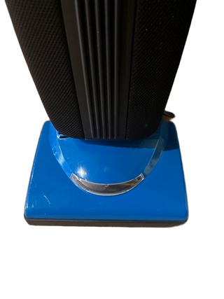 A black Riccar R10P upright vacuum cleaner with a glossy blue base.