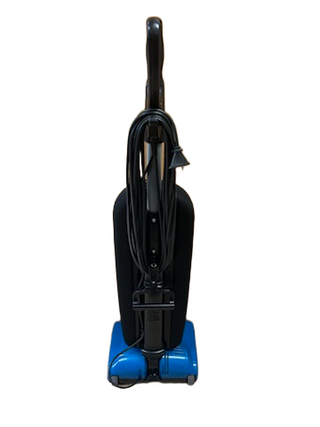 Back view of a refurbished Riccar R10P upright vacuum cleaner with a blue base and black body, featuring a cord wrapped around the handle.