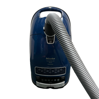 A certified refurbished blue Miele C3 Marin vacuum cleaner from Sew & Vac, featuring a grey hose attached to the front.