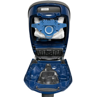 Image of the certified refurbished Miele C3 Marin vacuum from Sew & Vac, showcasing the dust bag compartment and filter. The device is primarily dark blue with some light blue components inside.