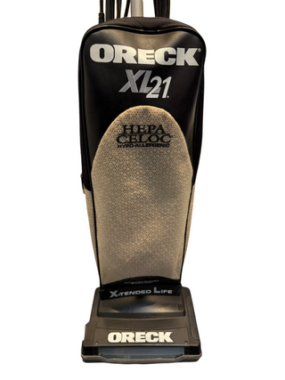 Front view of a Refurbished Oreck XL21 upright cleaner by Imagine Sewing & Vacuum, featuring HEPA filtration, Xtended Life branding, and a new bag—may include used parts.