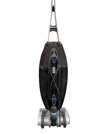 Refurbished Oreck Magnesium LW1500 upright by Imagine Sewing & Vacuum features a black and gray body, blue accents, coiled power cord, and new brushroll; shown against a white background.