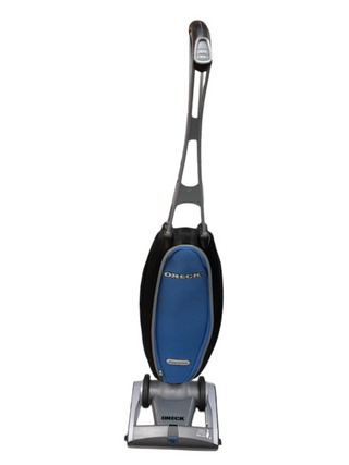 The Oreck Magnesium upright vacuum cleaner by Imagine Sewing & Vacuum, featuring a long handle in blue and black, stands on a white background—ideal for cleaning carpets.