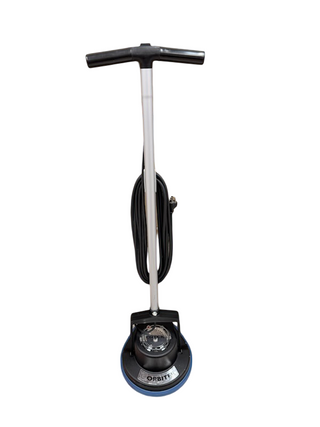 The Oreck Orbiter floor buffer by Imagine Sewing & Vacuum features a horizontal handle and coiled power cord, shown standing upright against a white background.