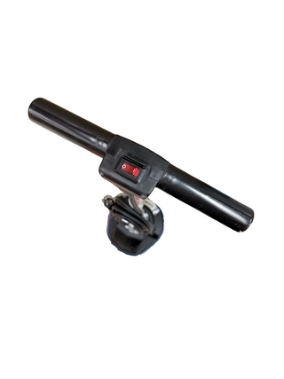 Black handlebar with a red switch and mounted electronic component from a refurbished Oreck Orbiter by Imagine Sewing & Vacuum, isolated on a white background.