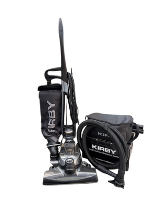 The Imagine Sewing & Vacuum Kirby Altair Platinum is a refurbished vacuum with powerful suction, an attached hose, and a separate multi-surface shampoo system accessory for premium cleaning performance.
