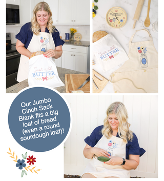 A woman places bread into a cinch sack at the Layton In-Store Class: Kimberbell "Just Add Butter" 1-Day In-Person Only Event (Feb 28, 2026), wearing the matching apron—both items perfect for cottagecore embroidery.
