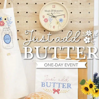 Apron, embroidered towel, clock, and sunflower showcased with the Kimberbell "Just Add Butter" 1-Day In-Person Only Event—Layton In-Store Class, February 28, 2026—a charming cottagecore embroidery inspiration.