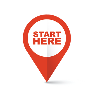 A red map pin with "START HERE" in bold on white—great for beginners joining 1000-Education’s “Let’s Start That Kit You Bought” class, held the 1st Saturday of each month, 1–5 pm. Perfect for assembling your starter sewing kit!.
