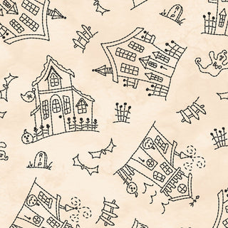 Hand-drawn haunted houses, bats, ghosts, pumpkins, graves, and fences on cream—perfect for Halloween crafts with Robin Kingsley Spooky Stitches MAS10870-E Haunted House Cream Fabric by 47-EE Schenck.