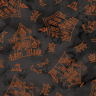 Orange line art of haunted houses, bats, gravestones, and ghosts decorates Robin Kingsley Spooky Stitches MAS10870-J Haunted House Black Fabric by 47-EE Schenck—perfect for your next Halloween cotton project.