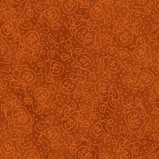 Robin Kingsley Spooky Stitches MAS10871-O Pumpkins Orange Fabric by 47-EE Schenck features outlined jack-o’-lantern faces, leaves, and dots on orange—ideal for Halloween quilting or festive fabric crafts.