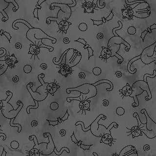 A seamless black line pattern of cats, bats, and spirals on textured gray, perfect for Halloween projects with Robin Kingsley Spooky Stitches MAS10872-K Cats & Bats Grey Fabric by 47-EE Schenck.