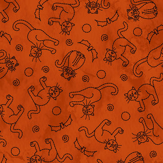 Featuring black cat, bat, and swirl doodles on orange, the 47-EE Schenck Robin Kingsley Spooky Stitches MAS10872-O Cats & Bats Orange Fabric adds a playful Halloween touch to your cotton projects.