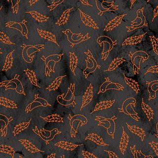 Seamless pattern of orange bird and leaf outlines on dark texture—ideal for Halloween quilting or pairing with 47-EE Schenck's Robin Kingsley Spooky Stitches MAS10873-J Crows Black Fabric.