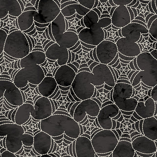 Robin Kingsley Spooky Stitches MAS10874-J Spiderwebs Black Fabric by 47-EE Schenck features white spider webs on textured dark gray—perfect for Halloween quilting and cotton projects.