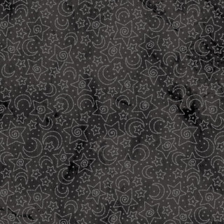 A seamless pattern of white stars, moons, and spirals on black textured fabric—Robin Kingsley Spooky Stitches MAS10875-J Stars & Moons by 47-EE Schenck, perfect for Halloween quilting or decor.