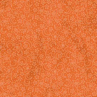 Robin Kingsley Spooky Stitches MAS10875-O Stars & Moons Orange Fabric by 47-EE Schenck features a playful orange background with white outlined stars and moons—ideal for Halloween cotton fabric projects or enhancing your festive fabric collection.