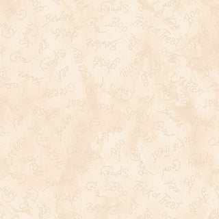 Cream background with subtle, handwritten Halloween words like "Boo" and "Trick or Treat." Robin Kingsley Spooky Stitches MAS10876-E Spooky Words Cream Fabric by 47-EE Schenck—perfect cotton fabric for Halloween crafts.