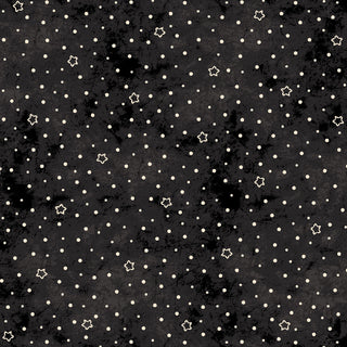 Robin Kingsley Spooky Stitches MAS10878-J Star Dot Black Fabric by 47-EE Schenck features a black background with scattered small white dots and star outlines, perfect for subtle, spooky Halloween projects.