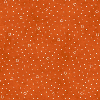 Robin Kingsley Spooky Stitches MAS10878-O Star Dot Orange Fabric by 47-EE Schenck features an orange textured background with small white dots and outlined stars—perfect for festive quilting or Halloween projects.
