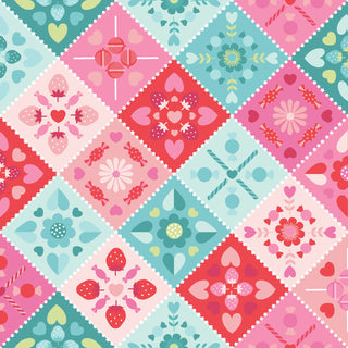 A seamless patchwork of colorful diamond tiles with floral, heart, and geometric designs in pink, red, teal, and white—perfect for quilting with Kimberbell Maywood Studios Sweet Shoppe Candy Kaleidoscope Multi MAS11020-Z fabric.