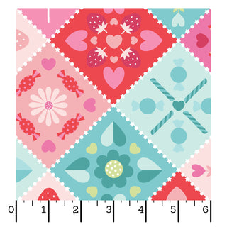 Kimberbell Maywood Studios Sweet Shoppe Candy Kaleidoscope Multi MAS11020-Z quilting fabric features a colorful geometric quilt pattern with hearts, flowers, and candy motifs in diamond shapes. Ruler shows 6-inch width. 100% cotton, perfect for your projects.