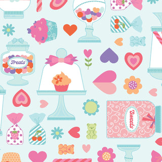 Kimberbell Maywood Studios Sweet Shoppe Candy Jars Blue MAS11021-B Fabric Yardage features a colorful print with cupcakes, candy jars, hearts, flowers, and gift bags on light blue—ideal for candy-themed quilting projects.
