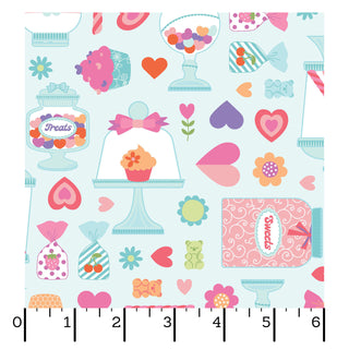 Kimberbell Maywood Studios Sweet Shoppe Candy Jars Blue MAS11021-B fabric features jars, cupcakes, candy, hearts & flowers on light blue cotton. Ruler at the bottom shows inch measurements. Brand: Maywood Studios.