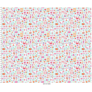 Kimberbell Maywood Studios Sweet Shoppe Candy Jars Blue MAS11021-B is a colorful cotton fabric featuring candy jar prints and ruler markings on a white background—perfect quilt fabric for creative projects from Maywood Studios.