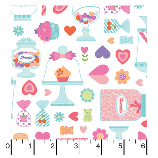 Charming illustration of cupcakes, candy jars, hearts, and flowers in pastels on Kimberbell Maywood Studios Sweet Shoppe Candy Jars White MAS11021-W quilting cotton—ideal for any candy-themed project. Ruler in inches shown along bottom edge.