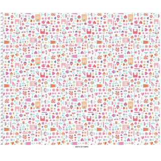 A whimsical pattern of colorful baking-themed icons—cakes, cupcakes, utensils, and ingredients—on white. Features side rulers for scale. Ideal for quilting cotton, this is Maywood Studios' Kimberbell Sweet Shoppe Candy Jars White MAS11021-W fabric.